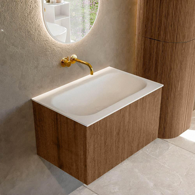 MONDIAZ KURVE 70cm Meuble salle de bain - couleur Walnut - 1 tiroir - vasque BIG SMALL centre - sans trous de robinet - Talc