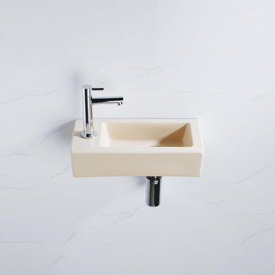 FugaFlow Efficiente Ensemble fontaine Pietra - 37,5x18,5x9cm - céramique - trou de robinet à gauche - robinet de fontaine chrome - bouchon de vidange - siphon abaissé - Beige mat