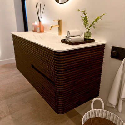 Mondiaz CIRO-DLUX Badkamermeubelset - 120x45x50cm - Solid surface wastafel Opalo - 1 wasbak Midden - 1 kraangat - 2 lades - Walnut