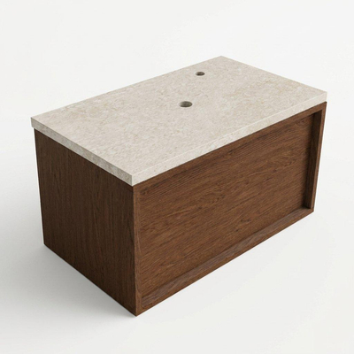 Saniclass Holz Frame Ensemble de meubles de salle de bains - 80x45x43cm - Plan de travail en pierre naturelle travertin - 1 trou de robinetterie - 1 tiroir - noyer pur mat (bois)