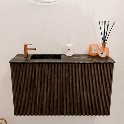 Mondiaz JOYA-DLUX 70cm toiletmeubel - kleur Walnut - Wastafel FAYE positie Links 1 kraangat kleur Lava.