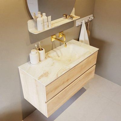 Mondiaz VICA-DLUX ensemble de meuble de salle de bain - 100cm - meuble sous-vasque chêne blanchi - 2 tiroirs - lavabo encastré cloud droite - sans trous de robinet - miroir modèle spot - version XL 60cm de haut - frappe