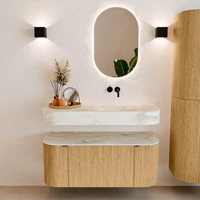 MONDIAZ THOR-DLUX 110cm meuble de salle de bains arrondi gauche + droite couleur Oak avec 1 tiroir et 2 portes. Vasque suspendue CLOUD Droite sans trou de robinet couleur Ostra.