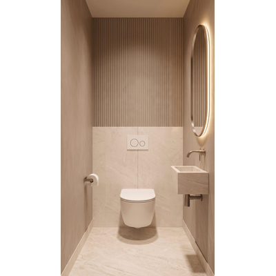 QeramiQ Dely Ensemble WC - 36.3x51.7cm - sortie profonde - rimless - réservoir encastré Geberit UP320 - avec cadre Burda - abattant WC softclose 35 mm - plaque de commande blanche mate - boutons ronds - blanc brillant