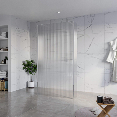 FugaFlow Eccelente Vetro Douche à l'italienne - 110x200cm - verre clair nervuré - anticalcaire - verre de sécurité 8mm - 2 parois latérales 30cm - avec bras muraux et profilés d'angle - Chrome