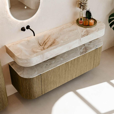 MONDIAZ THOR-DLUX 150cm meuble de salle de bains arrondi gauche + droite couleur Dusk avec 1 tiroir et 2 portes. Vasque suspendue CLOUD gauche sans trou de robinet couleur Frappe.