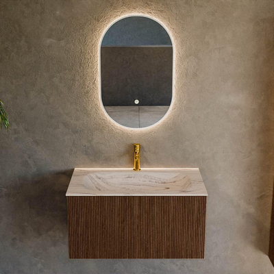 MONDIAZ KURVE-DLUX 80cm badmeubel kleur Walnut met 1 lade en 0 deuren. Wastafel BIG SMALL Midden 1 kraangat Nata.