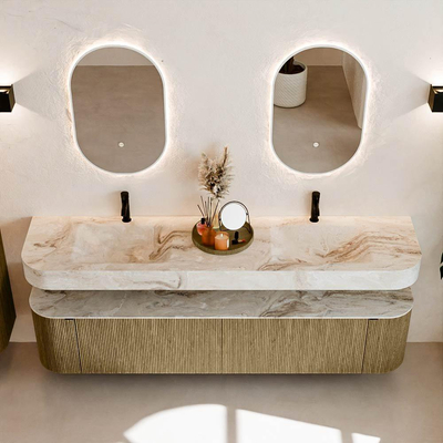 MONDIAZ THOR-DLUX Meuble de salle de bains - 200cm - arrondi gauche + droite - couleur Dusk - 2 tiroirs et 2 portes - Vasque suspendue CLOUD Double 2 trous de robinet - couleur Frappe