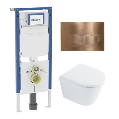 QeramiQ Dely Toiletset - 36.3x51.7cm - diepspoel - rimless - Geberit UP720 inbouwreservoir - softclose toilet zitting - 35mm - koperen bedieningsplaat - rechthoekige knoppen - met Burda frame - glans wit