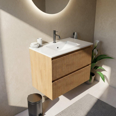Saniclass Holz Atelier Ensemble de meubles de salle de bains - 80x45x62cm - lavabo Vygo en céramique blanc - 1 vasque - 1 trou de robinetterie - 2 tiroirs - chêne naturel mat (bois)