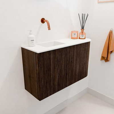 Mondiaz JOYA 71.6cm toiletmeubel - ronding rechts kleur Walnut - Wastafel FAYE positie Links Zonder kraangat kleur Talc.