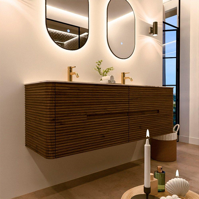 Mondiaz CIRO-DLUX Badkamermeubelset - 150x45x50cm - Solid surface wastafel Nata - 2 wasbak Dubbel - 2 kraangaten - 4 lades - Dusk