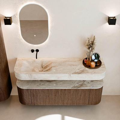 MONDIAZ THOR-DLUX 150cm meuble de salle de bains arrondi gauche + droite couleur Walnut avec 1 tiroir et 2 portes. Vasque suspendue CLOUD Gauche sans trou de robinet couleur Frappe.