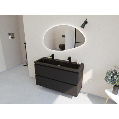 HR badmeubelen Infinity XXL 3D Ensemble de meuble de salle de bains - 120 cm - 1 lavabo en céramique djazz noir mat - 2 trous de robinet - 2 tiroirs - noir mat