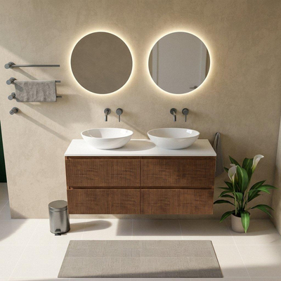 Saniclass Holz Atelier Ensemble de meubles de salle de bains - 140x45x62.5cm - Plan Torino en solid surface blanc - sans trou de robinetterie - 4 tiroirs - walnut pure mat (bois)