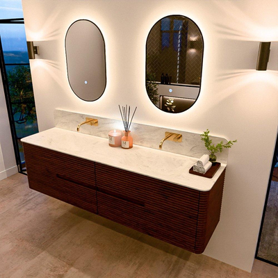 Mondiaz CIRO-DLUX Meuble de salle de bains - 180x45x50cm - Plan vasque Solid surface Opalo - 2 vasques Double - sans perçage pour robinet - 4 tiroirs - Ruby