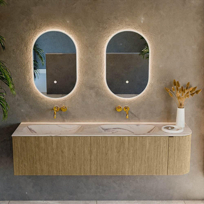 MONDIAZ KURVE-DLUX 175cm meuble de salle de bains arrondi Droit couleur Dusk avec 2 tiroirs et 1 porte. Lavabo STOR SMALL Double / Gauche sans trou de robinet Nata.
