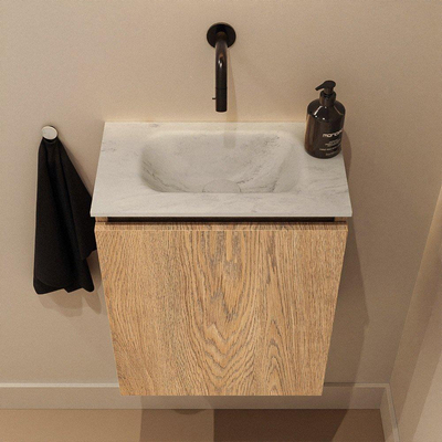 MONDIAZ TURE-DLUX Meuble toilette - 40cm - Washed Oak - EDEN - vasque Opalo - position centrale - sans trou de robinet