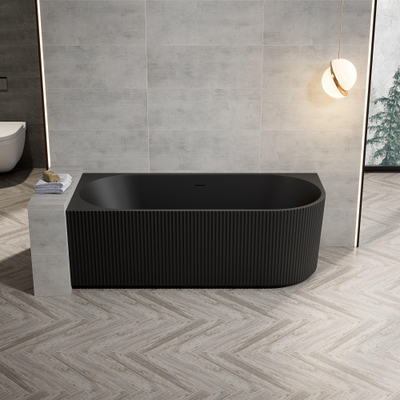 Zeza Nuo Half Vrijstaand Bad - 170x80x58cm - links - ribbel - met afvoer - mat zwart OUTLETSTORE
