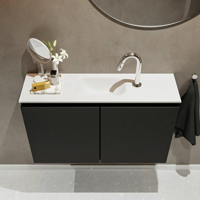MONDIAZ TURE Fonteinset - 80x23x50cm - 1 kraangat - 2 deuren - urban mat - Wasbak midden - Solid Surface Wit