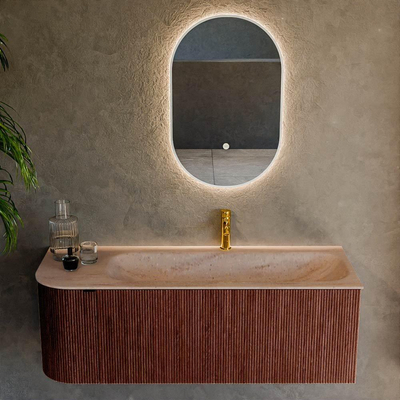 MONDIAZ KURVE-DLUX 125cm badmeubel ronding Links kleur Ruby met 1 lade en 1 deur. Wastafel BIG MEDIUM Rechts 1 kraangat Saba.