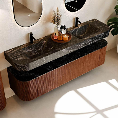 MONDIAZ THOR-DLUX 180cm meuble de salle de bains arrondi gauche + droite couleur Ruby avec 2 tiroirs et 2 portes. Vasque suspendue CLOUD Double 2 trous de robinet couleur Lava.