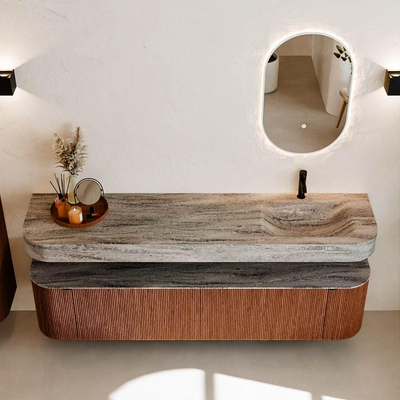 MONDIAZ THOR-DLUX Meuble de salle de bains - 190cm - arrondi gauche + droite - couleur Ruby - 2 tiroirs et 2 portes - Vasque suspendue CLOUD Droite 1 trou de robinet couleur Oza