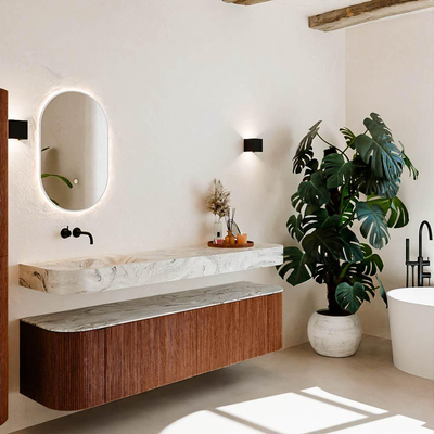 MONDIAZ THOR-DLUX 180cm meuble de salle de bains arrondi gauche + droite couleur Ruby avec 2 tiroirs et 2 portes. Vasque suspendue CLOUD Gauche sans trou de robinet couleur Glace.