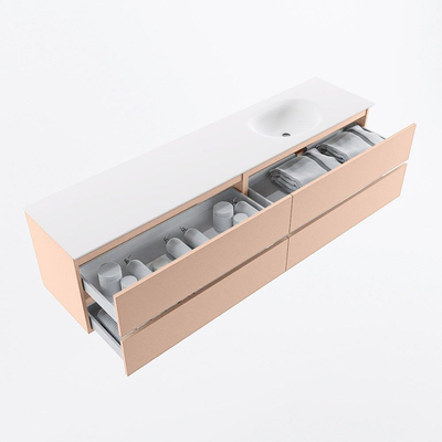 MONDIAZ VICA Ensemble meuble de salle de bains - 200cm - meuble bas rosee - 4 tiroirs - lavabo moon à droite - 1 trou de robinet - version haute 60cm - talc