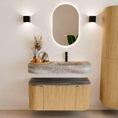 MONDIAZ THOR-DLUX 100cm badmeubel ronding links + rechts kleur Oak met 1 lade en 2 deuren. Vrijhangende wastafel CLOUD Rechts 1 kraangat kleur Oza.