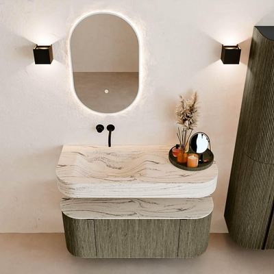 MONDIAZ THOR-DLUX 110cm meuble de salle de bains arrondi gauche + droite couleur Shadow avec 1 tiroir et 2 portes. Vasque suspendue CLOUD Gauche sans trou de robinet couleur Nata.