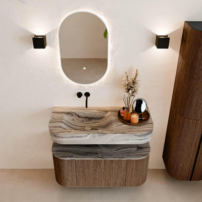 MONDIAZ THOR-DLUX 100cm badmeubel ronding links + rechts kleur Walnut met 1 lade en 2 deuren. Vrijhangende wastafel CLOUD Links zonder kraangat kleur Sombra.