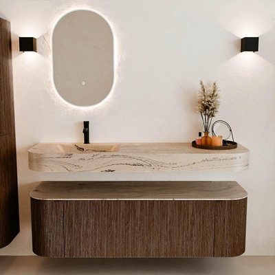 MONDIAZ THOR-DLUX 150cm badmeubel ronding links + rechts kleur Walnut met 1 lade en 2 deuren. Vrijhangende wastafel CLOUD Links 1 kraangat kleur Arena.