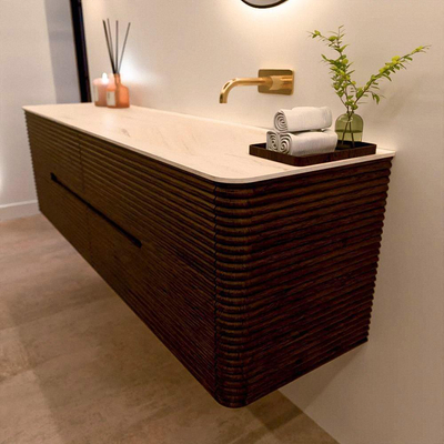 Mondiaz CIRO-DLUX Meuble de salle de bains - 170x45x50cm - Plan vasque Solid surface Meli - 1 vasque à droite - sans trous de robinet - 4 tiroirs - Noyer