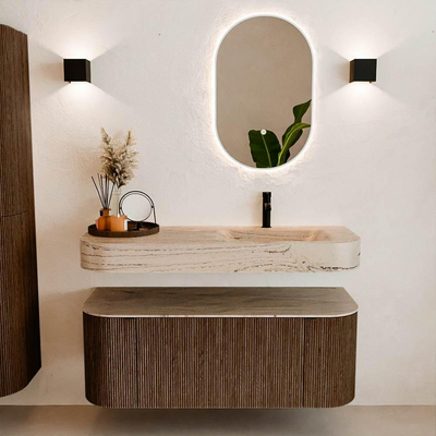 MONDIAZ THOR-DLUX 120cm badmeubel ronding links + rechts kleur Walnut met 1 lade en 2 deuren. Vrijhangende wastafel CLOUD Rechts 1 kraangat kleur Arena.