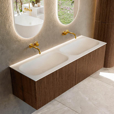 MONDIAZ KURVE 140cm Meuble salle de bain - couleur Walnut - 2 tiroirs - vasque BIG SMALL double - sans trous de robinet - Talc