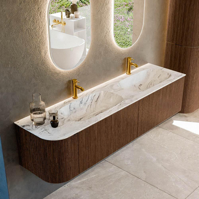MONDIAZ KURVE-DLUX 175cm badmeubel met module 25 L kleur Walnut met 2 lades en 1 deur. Wastafel STOR SMALL dubbel / rechts 2 kraangaten kleur Glace.