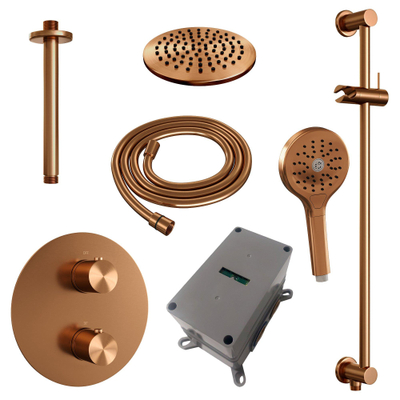 BRAUER Copper Edition thermostatische Inbouw Regendouche - 3-weg - rond - set 95 - 20cm hoofddouche - plafondarm - 3-standen handdouche - doucheslang - geïntegreerde glijstang - koper geborsteld PVD
