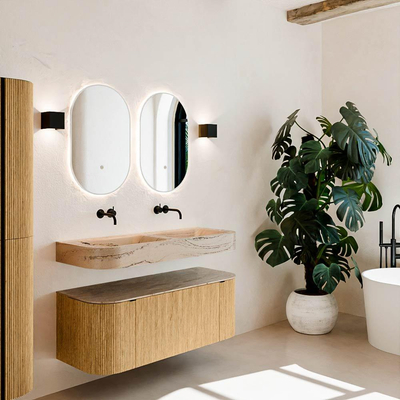 MONDIAZ THOR-DLUX 120cm meuble de salle de bains arrondi gauche + droite couleur Chêne avec 1 tiroir et 2 portes. Vasque suspendue CLOUD Double sans trou de robinet couleur Arena.