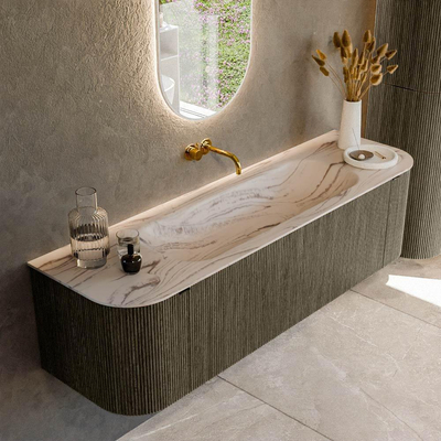 MONDIAZ KURVE-DLUX Meuble de salle de bains 160cm courbure Gauche + Droite couleur Shadow avec 1 tiroir et 2 portes. Lavabo BIG MEDIUM Centre sans trou de robinet Nata.