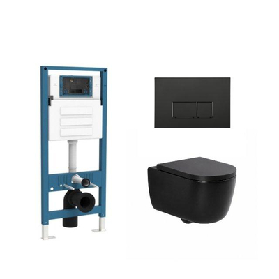 QeramiQ Dely Swirl Ensemble de toilettes - réservoir encastré QeramiQ Flush - abattant 35mm - plaque de commande noire mate en métal - boutons rectangulaires - noir mat