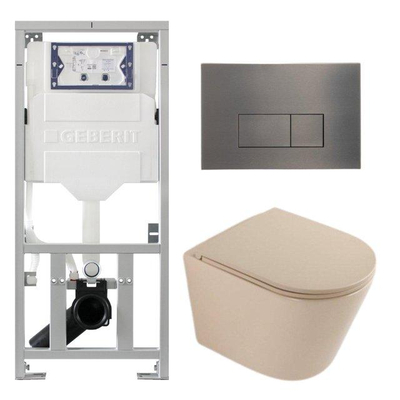 QeramiQ Dely Toiletset - 36.3x51.7cm - diepspoel - rimless - Geberit UP320 inbouwreservoir - softclose toilet zitting - gunmetal bedieningsplaat - rechthoekige knoppen - mat beige
