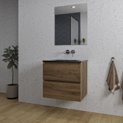 Saniclass Chaci Ensemble meuble de salle de bains - 60x46x55cm - lavabo céramique noir - 1 vasque - sans trou de robinet - 2 tiroirs - miroir rectangulaire - noyer (bois)