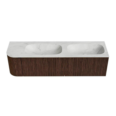 MONDIAZ KURVE-DLUX Meuble de salle de bains 165cm avec module 25 L couleur Walnut avec 2 tiroirs et 1 porte. Lavabo STOR SMALL double / à droite sans trou de robinet couleur Opalo.