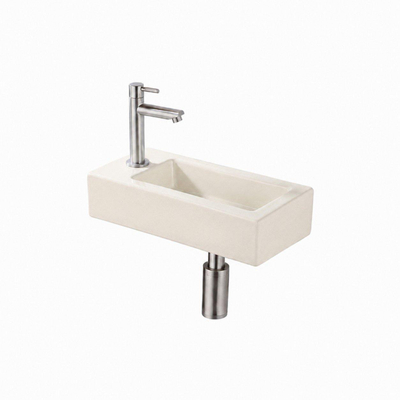 QeramiQ Fuente Fontein - 38x18.5x9cm - keramiek - fonteinkraangat links - fonteinkraan geborsteld RVS - verlaagd sifon - afvoerplug - linnen