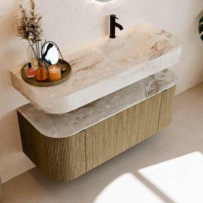 MONDIAZ THOR-DLUX 120cm meuble de salle de bains arrondi gauche + droite couleur Dusk avec 1 tiroir et 2 portes. Vasque suspendue CLOUD Droite 1 trou de robinet couleur Frappe.