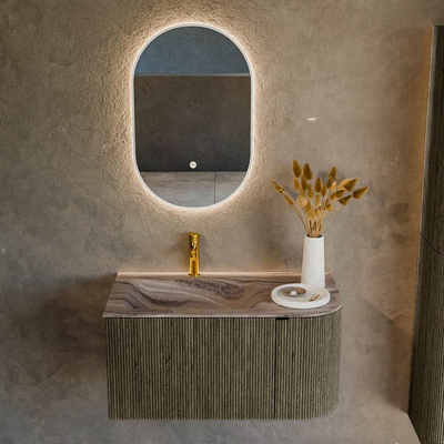 MONDIAZ KURVE-DLUX 85cm badmeubel ronding Rechts kleur Shadow met 1 lade en 1 deur. Wastafel CLOUD Links 1 kraangat Sombra.