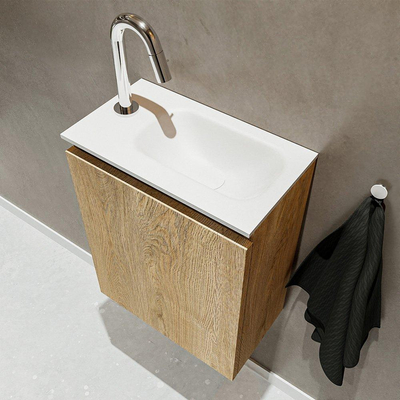MONDIAZ TURE Kit lave-mains - 40x23x50cm - 1 trou de robinet - 1 porte - chêne blanchi mat - Lavabo à droite - Solid Surface Blanc