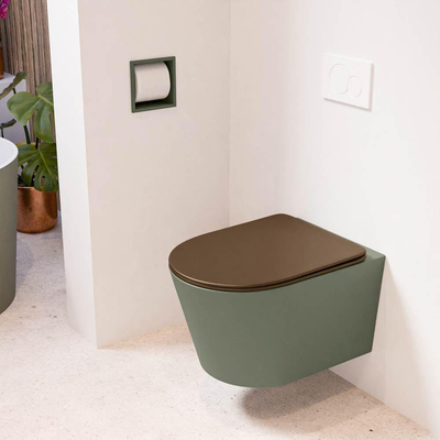 Mondiaz LAVIE hangtoilet – spoelrandloos – 36 x 53 cm – met softclose zitting – Army (groen), zitting Rust (bruin)