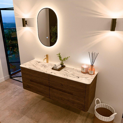 Mondiaz CIRO-DLUX Meuble de salle de bains - 140x45x50cm - Plan vasque Solid surface Glace - 1 lavabo à gauche - 1 trou de robinet - 4 tiroirs - Dusk